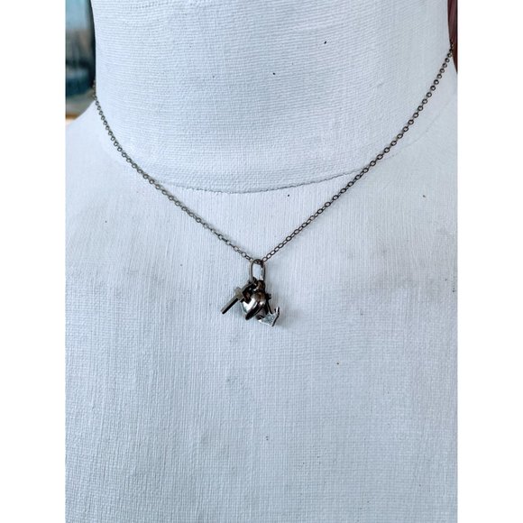 Antique Sterling Charm Necklace Puffy heart, Cross, Anchor - Picture 7 of 11